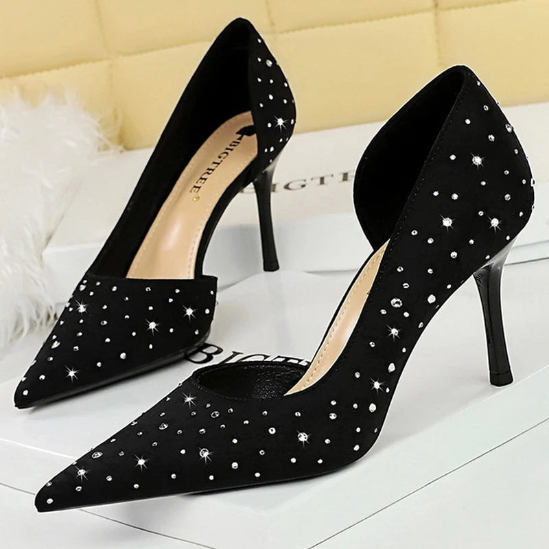 Rhinestone Kitten Heels Women 8 Cm Pumps Silk Satin High Heels