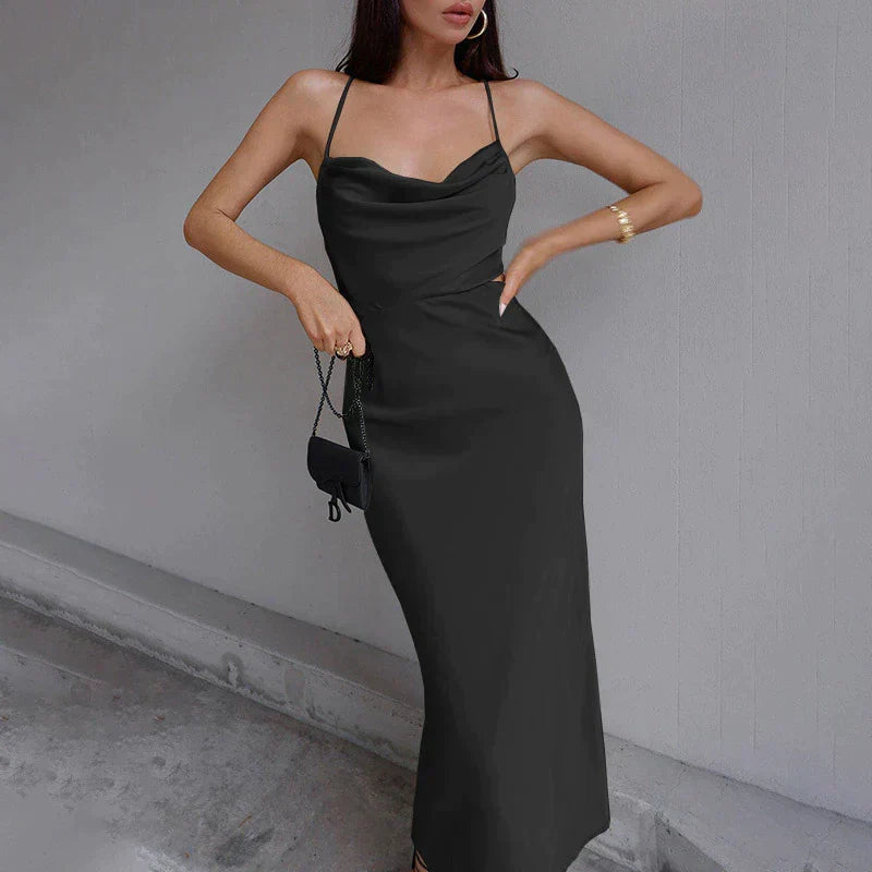 Satin Cowl Neck Spaghetti Strap Bodycon Slip Midi Dress