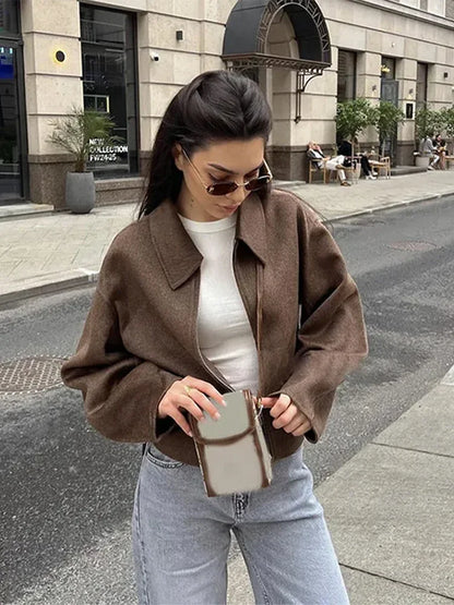Brown Woolen Zipper Short Coat