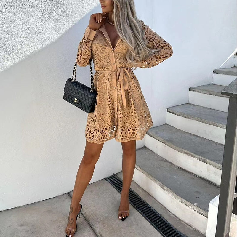 Collared Long Sleeve Lace Crochet Button Belted Mini Shirt Dress