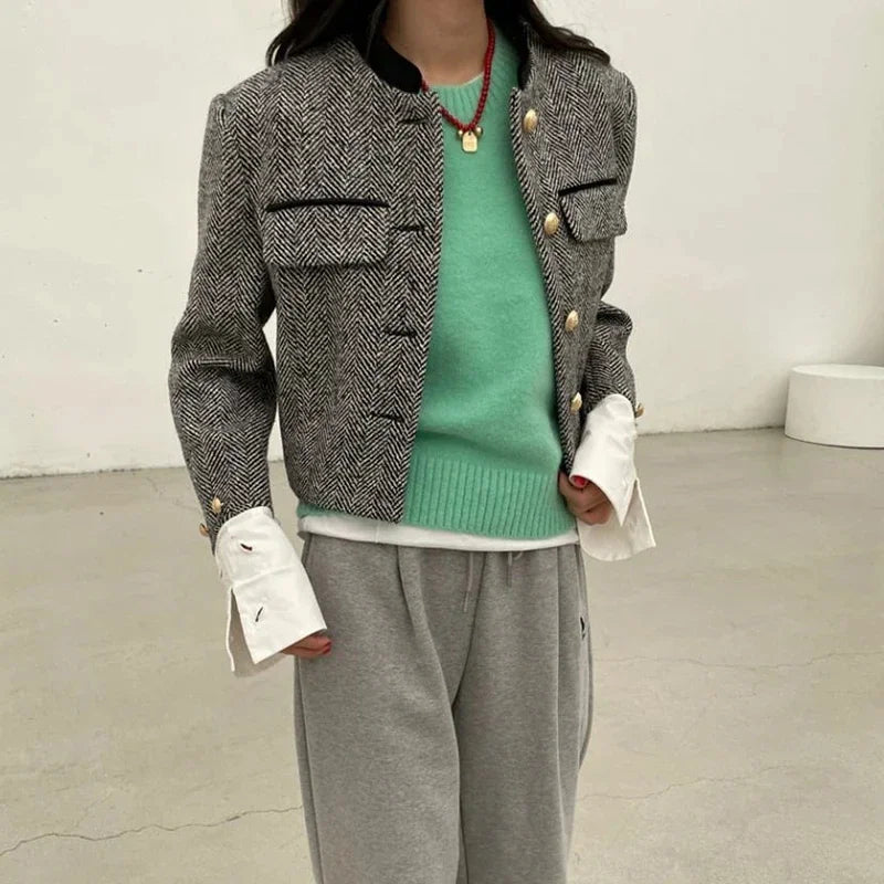 Plaid Metal Button Cropped Coat