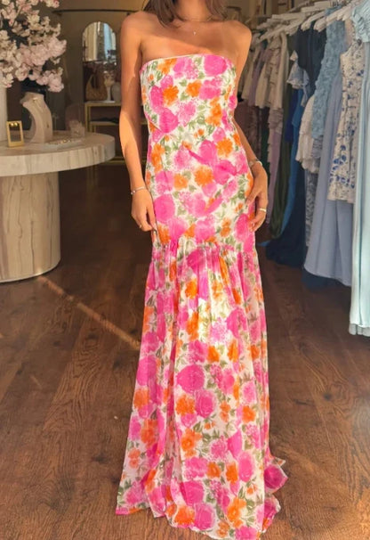 Strapless A-line Backless Floral Dress