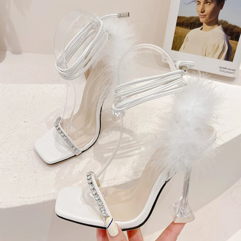 Crystal Womens Sandals with Fuzzy Feather Detail and Transparent High Heels
