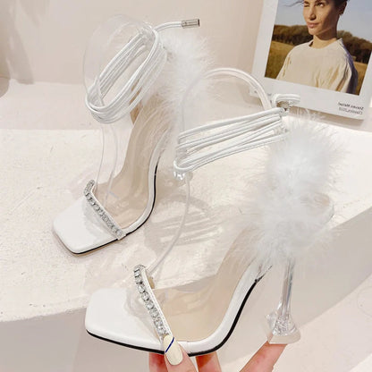 Crystal Womens Sandals with Fuzzy Feather Detail and Transparent High Heels
