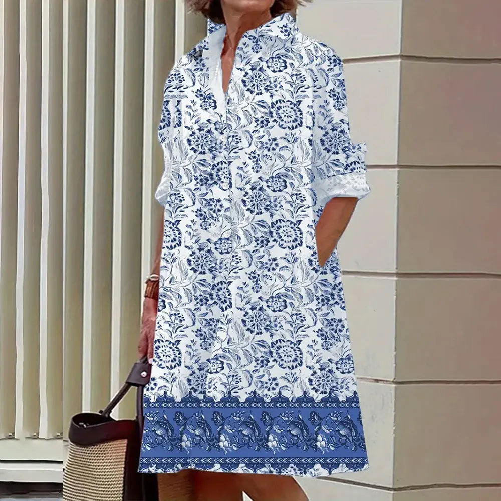 Collared Long Sleeve Button Down Patch Pocket Midi Shirt Dress