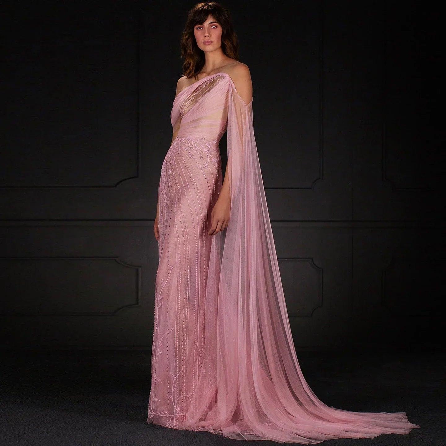 Off-Shoulder Flowing Cape Sleeves High Slit Prom Dress