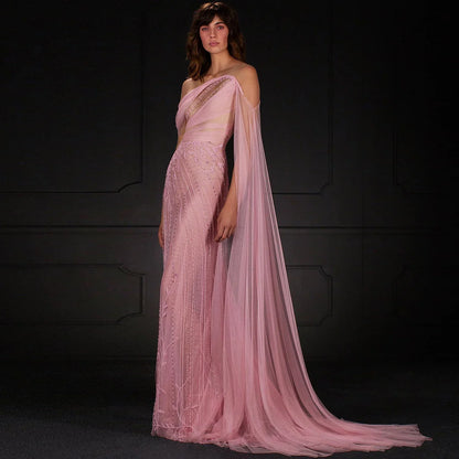 Off-Shoulder Flowing Cape Sleeves High Slit Prom Dress