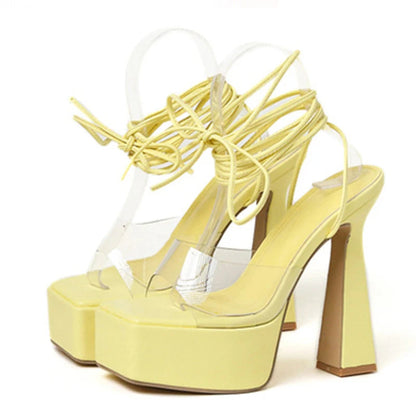 PVC Transparent Lace-Up Ankle Strap Sandals Women Open Toe High Heels 15CM