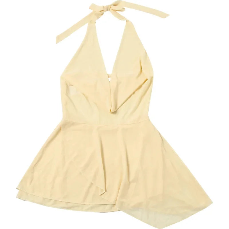 Halter Neck Plunging Cowl Ruffle Layered Hem Mini Dress
