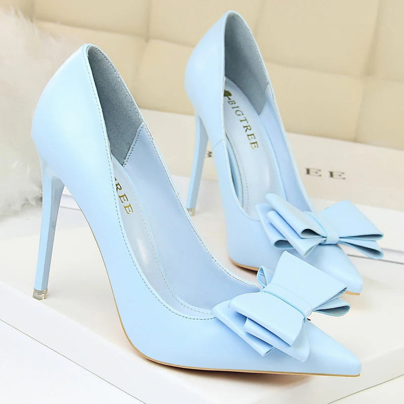Black Classic Stiletto Pumps with Bow-knot Detail in PU Leather
