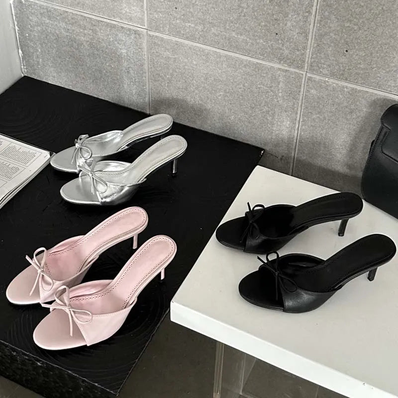Summer Pink Butterfly-knot Woman Slippers with Elegance Stripper Thin Low Heels
