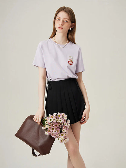 Cat Embroidered Beige Loose T-shirt