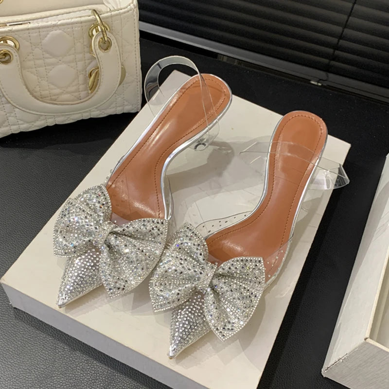 Crystal Bowknot PVC Transparent Women Pumps with Pointed Toe and Low Heels in Champagne Silver