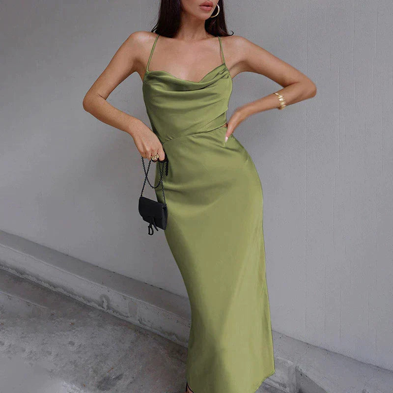 Satin Cowl Neck Spaghetti Strap Bodycon Slip Midi Dress
