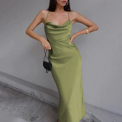 Satin Cowl Neck Spaghetti Strap Bodycon Slip Midi Dress