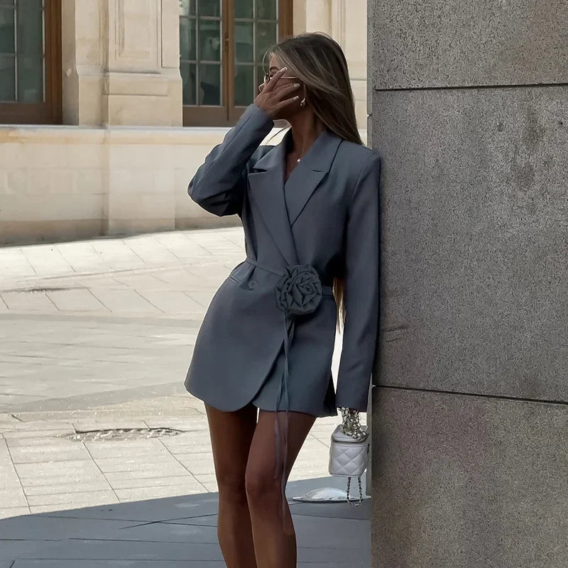 Loose Flower Belt Pocket Blazer Coat