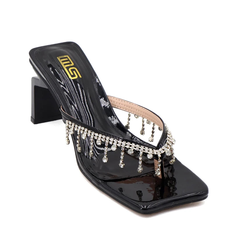 Rhinestone chain clip toe sandals with thick sole