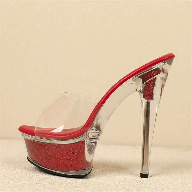 Crystal Transparent High Heel Platform Slippers for Women - Stripper Shoes