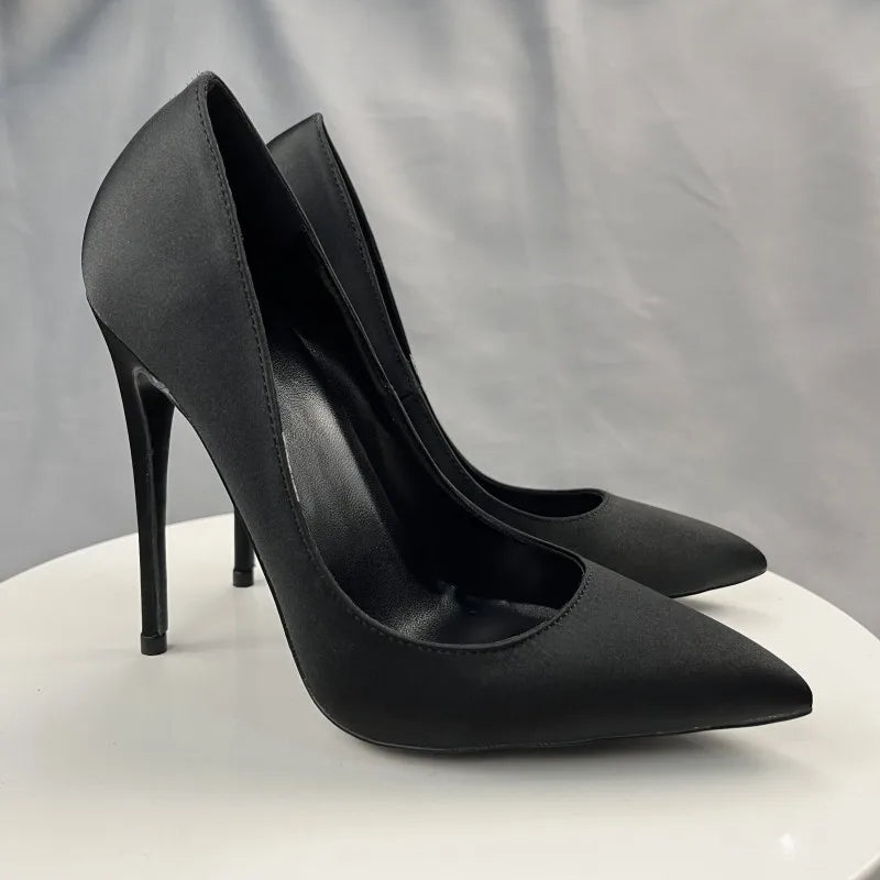 Black Satin Sexy Pointe Toe High Heel Dress Shoes for Women