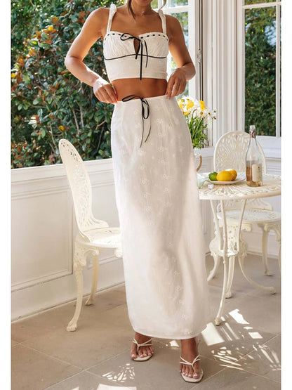 Embroidered Flower Camisole Skirt Two Piece Set