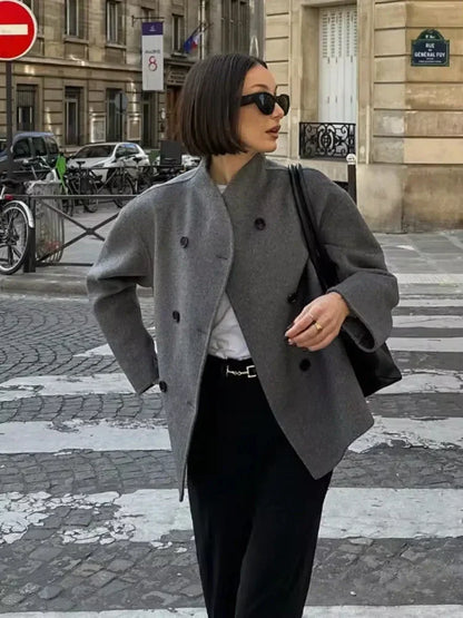 Elegant Wool Women's Coats Loose Casual Double Breasted Stand Collar Short Jacket 2024 Fall Winter Coat Female Commute Outerwear