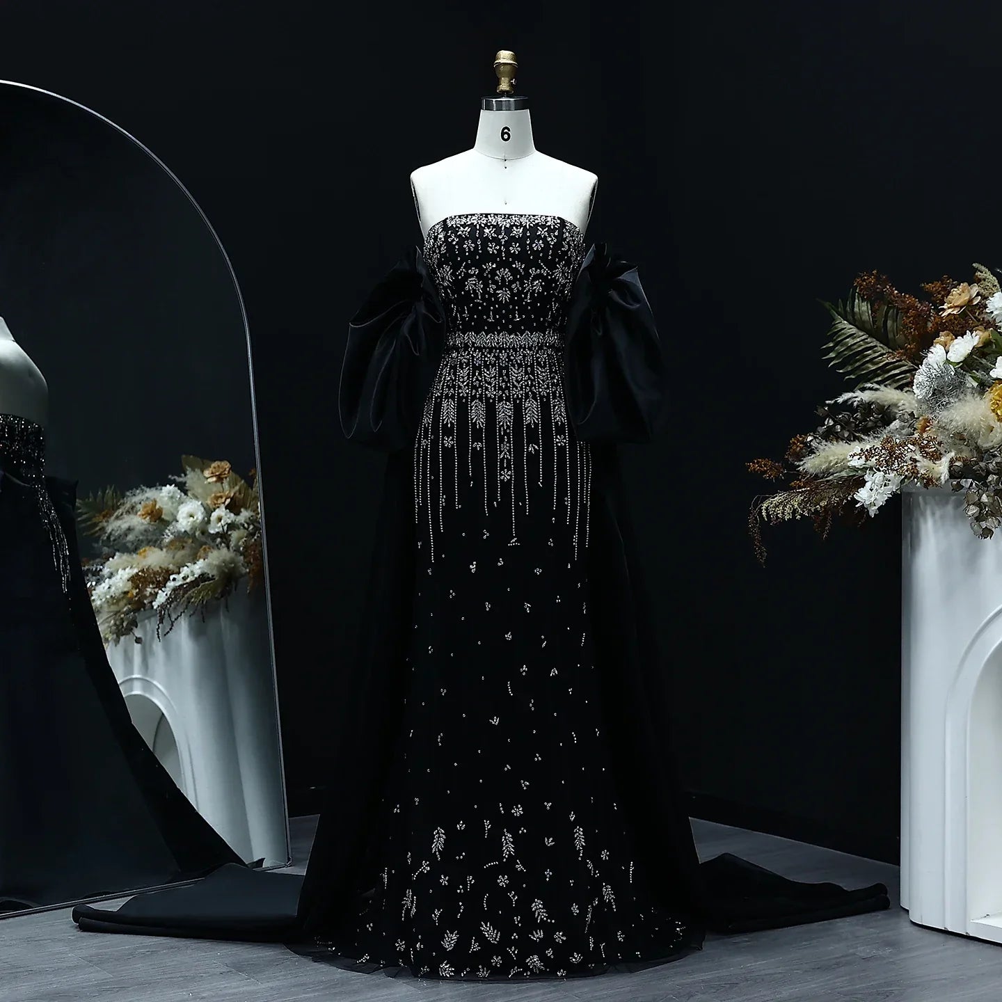 Crystal Tassel Black Evening Dress with Straps / Cape Strapless