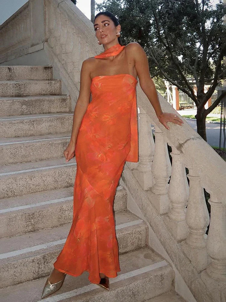 Strapless Mesh Print Splice Maxi Dress
