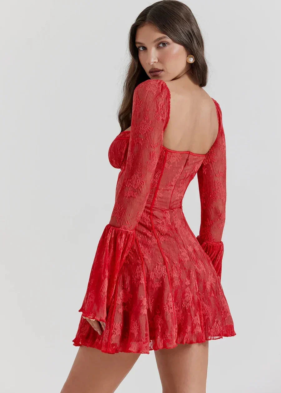 Floral Lace Bustier Tie Front Bell Sleeve Fit and Flare Mini Dress