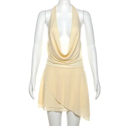 Halter Neck Plunging Cowl Ruffle Layered Hem Mini Dress