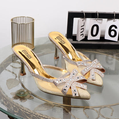 Golden summer pointed shallow bow high heeled sandals