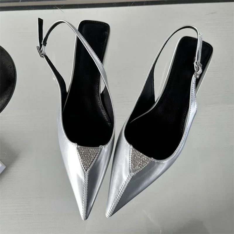 Crystal Pointed Toe Women Pumps with Designer Low Heels Sandals