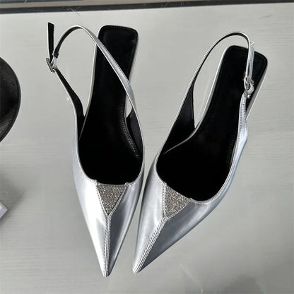 Crystal Pointed Toe Women Pumps with Designer Low Heels Sandals
