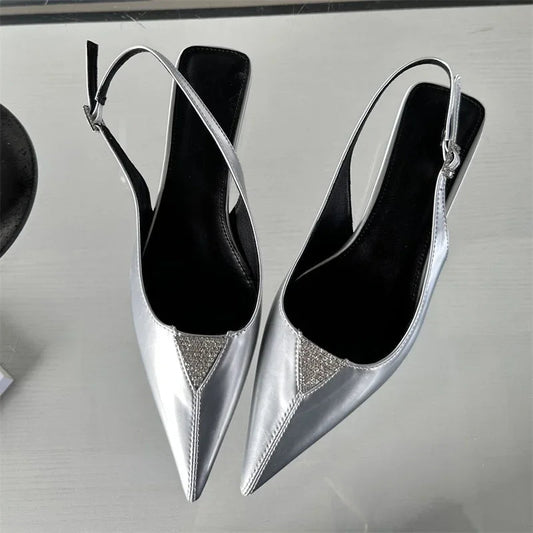 Crystal Pointed Toe Women Pumps with Designer Low Heels Sandals