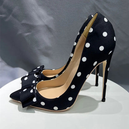 Black Satin Stiletto High Heels with Polka Dot Design