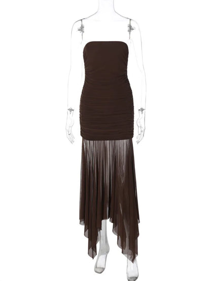 Brown Off-shoulder Strapless Long Dress