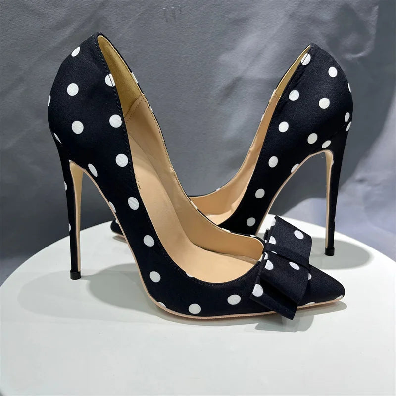 Black Satin Stiletto High Heels with Polka Dot Design