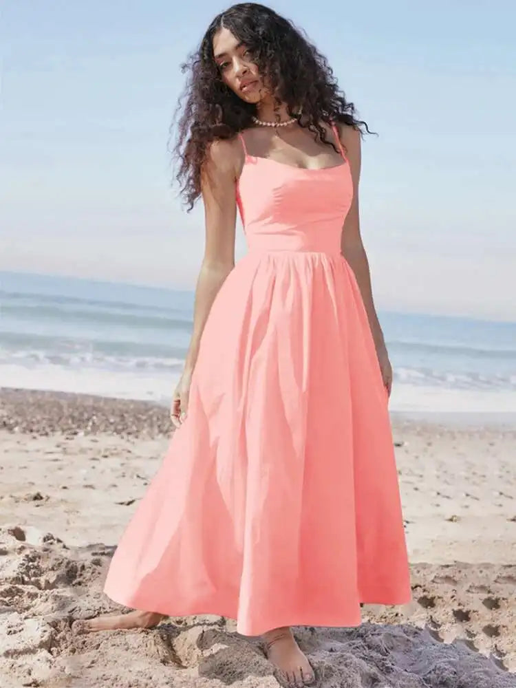 Spaghetti A-Line Backless Midi Dress