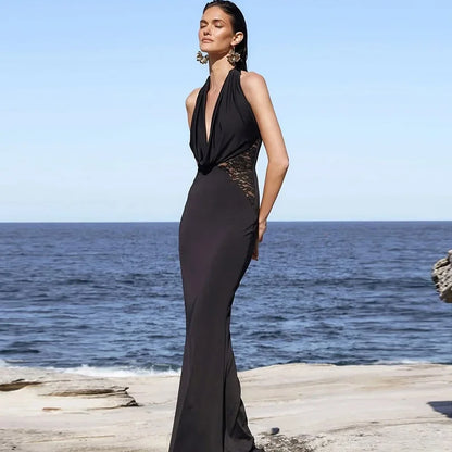 Halter Black Lace Off-shoulder Long Dress