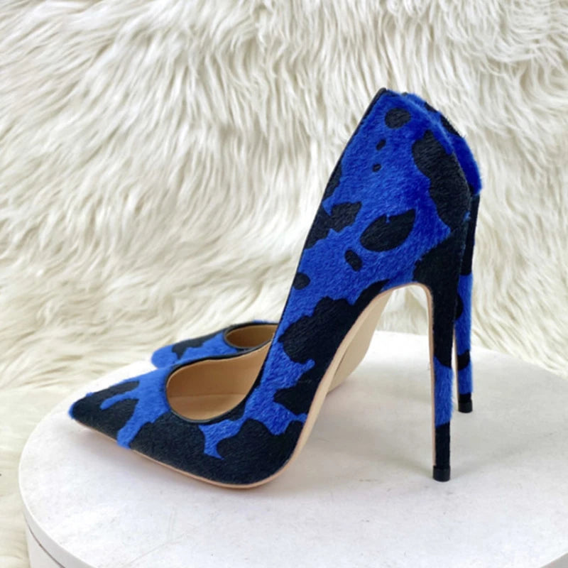 Blue Cow Women Hairy Flock Pointy Toe High Heel Shoes   Cow Women High Heel Shoes
