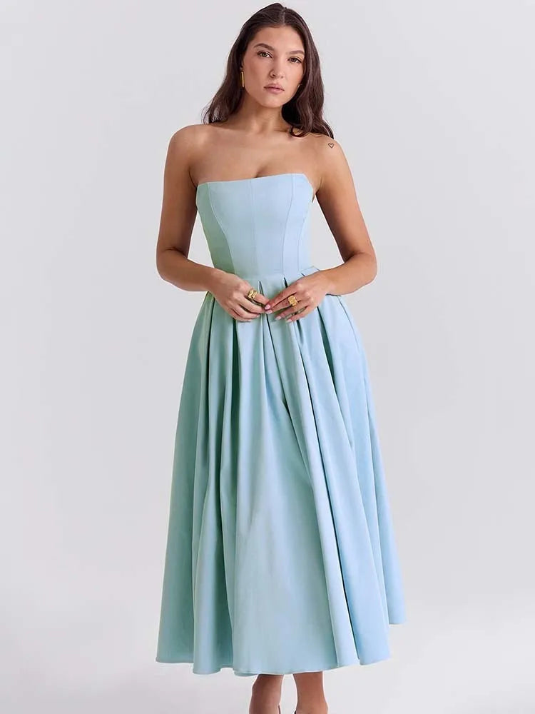 Pleated Strapless A-Line Midi Dress