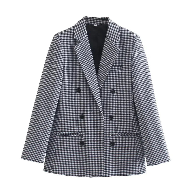 British Style Retro Plaid Blazer Suit Women Simple Mid Length Double Breasted Casual Office Blazers Lady Work Commute Suit