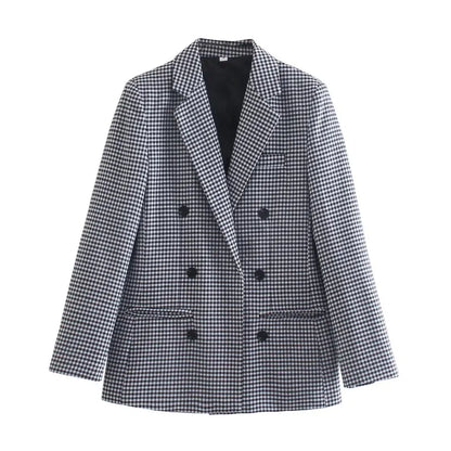 British Style Retro Plaid Blazer Suit Women Simple Mid Length Double Breasted Casual Office Blazers Lady Work Commute Suit