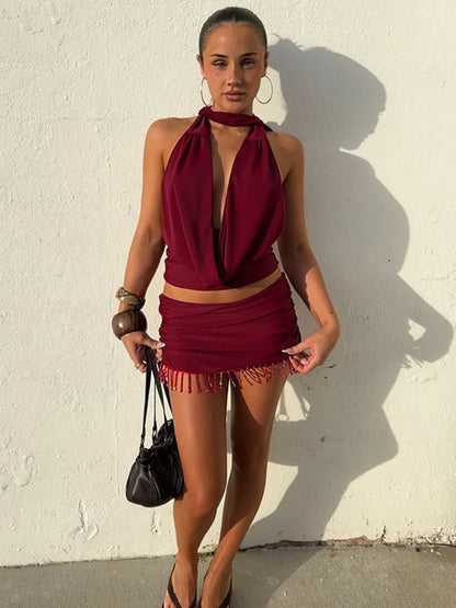 Tassel Halter Mini Skirt Two Piece Set
