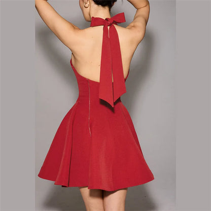 Red Halter Neck Splice High Waist Prom Dress