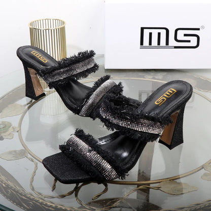 Denim women slippers with new rhinestone plush stiletto heels