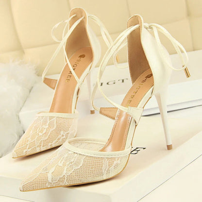 Cross Straps Women Sandals Mesh Lace High Heels Stiletto Party Shoes