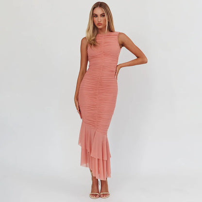 Pink Sheath Backless Sleeveless Ruffled Prom Dress