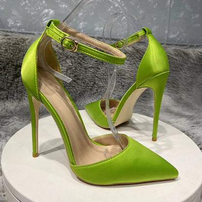 Silk Satin Ankle Strap Pointy Toe High Heel Shoes for Women in Black, Pink, and Green