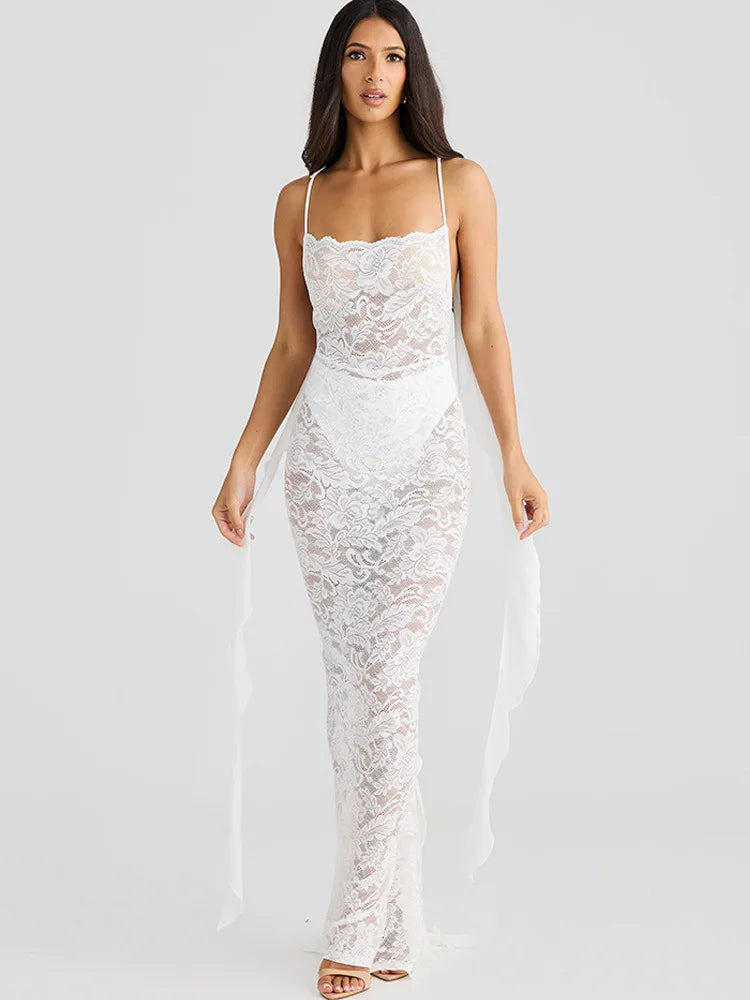 | Backless Lace Mermaid Gown with Chiffon Streamers
