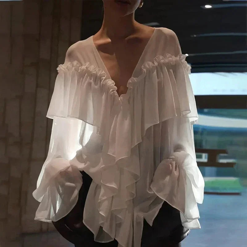 Summer White Chiffon Ruffles V Neck Blouse